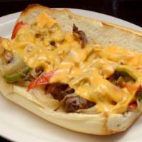 Philly Cheesesteak Hero · Made with peppers and onions.