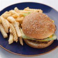 N5. BBQ Chicken Burger · BBQ chicken, tomato, onion, and lettuce on bun.