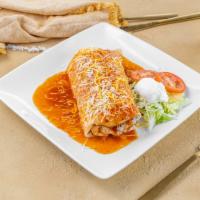 #8 Burrito El Cazador (Wet Burrito) · Sauce and Cheese on burrito, Rice, Beans, Meat, Lettuce, Tomato, Sour Cream