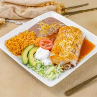 #18 Burrito Plate · Sauce on Burrito and Cheese, Rice, Beans, Meat, Lettuce, Tomato, Sour Cream, Guacamole/Avocado