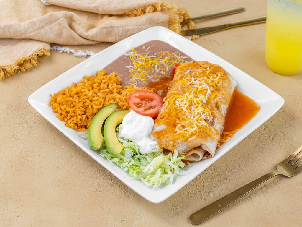 #18 Burrito Plate · Sauce on Burrito and Cheese, Rice, Beans, Meat, Lettuce, Tomato, Sour Cream, Guacamole/Avocado