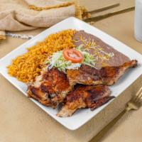 #21 Pollo Asado/Half a Chicken · Half a Chicken, Rice, Beans (Cheese on top), and Tortillas.