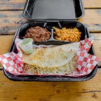 Hijoleee Cheesy Quesadilla · Flour tortilla with your choice meat, fresh refined beans loaded with extra mozzarella chees...