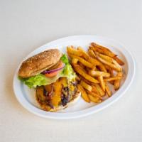 8 oz. Bacon Cheddar Burger · Charbroil beef patty, with cheddar cheese, tomatoes, onion, pickles, served with a side of f...