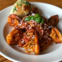 Linguini Shrimp Fra Diavolo · Linguini and shrimp in spicy marinara sauce. Served with a garlic knot.
