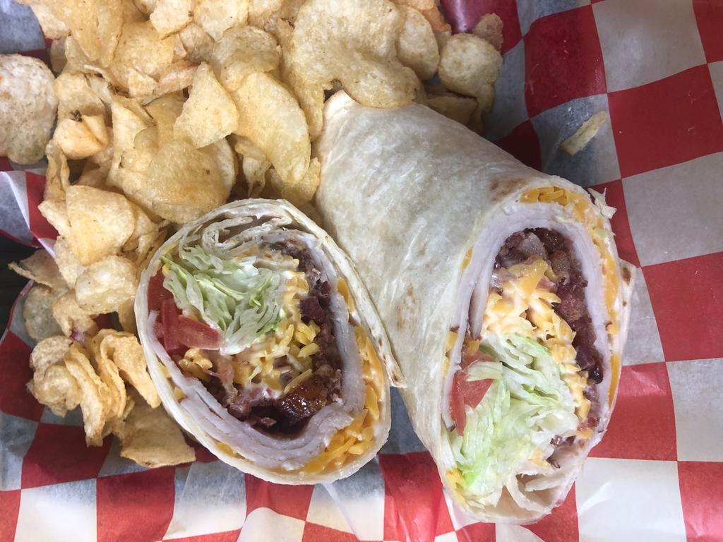 Turkey Bacon Ranch Wrap · Turkey, bacon, lettuce, cheddar cheese, and tomatoes. Drizzled with ranch dressing.
