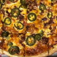 The CBJ Pizza · Cheddar, bacon, and jalapenos.