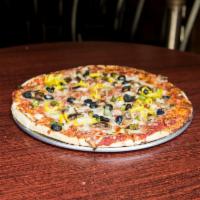 Veggie Pizza · Mozzarella, black olives, green peppers, onions, mushrooms, banana peppers, and extra cheese.