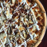 Chicken Bacon Ranch Pizza · White sauce, mozzarella, chicken, bacon, and drizzled with ranch.