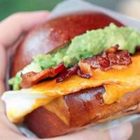 B.E.C.A · Thick Cut Bacon, Cage Free Eggs, Cheddar Cheese, Avocado Smash, mustard and mayo sauce.