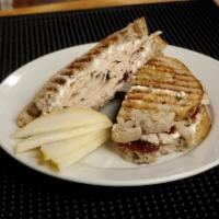 Turkey Cranberry Sandwich - Grilled · Blue heron apricot walnut sourdough, cream cheese, Havarti cheese, cranberry jam and peppere...