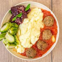 Meatballs Matbucha · Mashed Potatoes, Fermented Red Cabbage, Hamusta