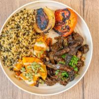 Mushroom Shawarma Plate (Vegan) · Basmati Rice & Chickpeas, Beets, String Beans