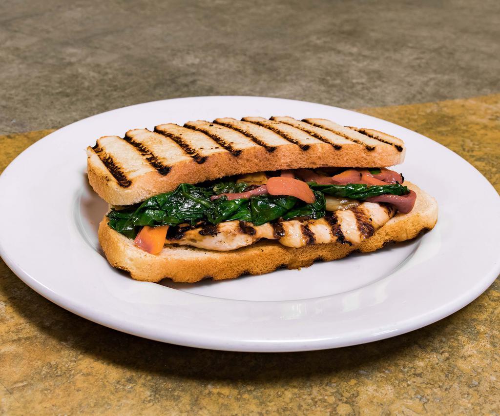 Grilled Chicken Romano Panini · Roasted red peppers, sauteed spinach and garlic with provolone.