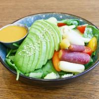5. Avocado Salad · Mixed greens, avocado, tomato and cucumber.