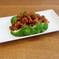 8. General Tso's Chicken · Vegetarian chicken broccoli and topped with cashew nuts. Spicy.
