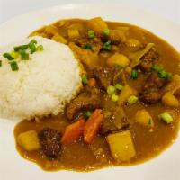 Curry Beef Bowl · Slow-cooked dice beef, with potato, onion, and carrot simmered in rich flavored curry sauce.