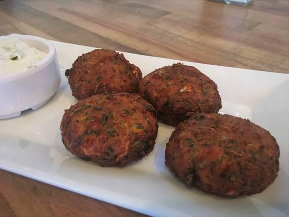 Zucchini Fritters (5 Pcs) ( G, V) · zucchini, feta cheese, fried patties served with our tzatziki dip
