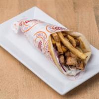 Grilled Chicken Souvlaki Pita · Served in the traditional Greek way Tomatoes, Onions, Tzatziki & a handful of fries in a pita