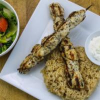 Grilled Chicken Souvlaki Platter (D,E,G) · Served with Pita, Romaine salad. Choice of rice or fries & Tzatziki Sauce.