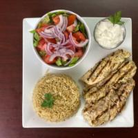 Grilled Chicken Breast Platter (D,E,G) · Served with Pita, Romaine salad. Choice of rice or fries & Tzatziki Sauce.