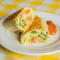 Veggie Breakfast Burrito · Scrambled eggs, grilled tomato, grilled mushrooms, grilled onions, sautéed spinach, tater to...