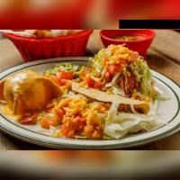 Summer Plate · 1 piece chalupa topped with beans, 1 piece golden ground beef taco, 1 piece cheese puff, and...