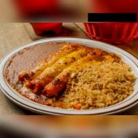 Enchiladas al Gusto · Your choice of 3 pieces enchilada covered with gravy and American cheese and served with ric...