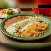Combo Dinner #12 · 1 piece of beef burrito topped with green sauce and Jack cheese. Served with guacamole salad...