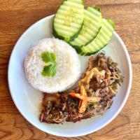 MOO KROB PAD KAPI · Crispy Pork Belly / Shrimp Paste / Fried Onion / Kaffir lime Leaf