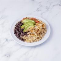 4. Mighty Mexico Power Plate · Grilled chicken breast, black beans, pico de gallo, and avocado over brown rice.