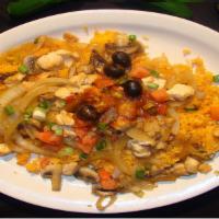 Arroz con Pollo · Boneless breast of chicken sauteed with mushrooms and onions, (in our special mild sauce). S...