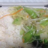 34. Vegetable Chow Mein · Served with white rice.