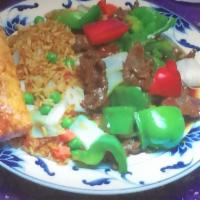 C6. Pepper Steak with Onion Combo Platter · Served with an egg roll and roast pork fried rice. 