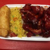 C13. BBQ Boneless Ribs Combo Platter · Served with an egg roll and roast pork fried rice. 