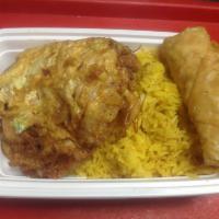 C15. Chicken Egg Foo Young Combo Platter · Served with an egg roll and roast pork fried rice. 