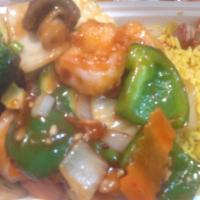C20. Szechuan Shrimp Combo Platter · Served with an egg roll and roast pork fried rice. Hot and spicy. 
