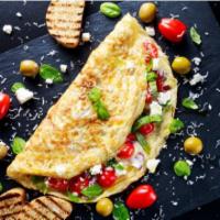 The Greek Omelette · Fresh eggs, tomatoes, onions, and feta cheese.
