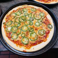 Jalapeno Pizza · Freshly sliced jalapeno peppers, shredded cheese and famous Singas pizza sauce.