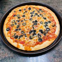 Black Olives Pizza · Sliced black olives, shredded cheese and famous Singas pizza sauce.