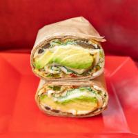 California Sandwich · Whole wheat wrap, 2 eggs, mushrooms, bell peppers, spinach, onions, cilantro, jalapenos, avo...
