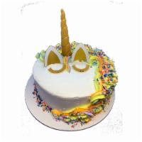 Unicorn Cake · Serves 10-12.  Two delicious froyo layers, and a luscious filler layer, on a chocolate or wh...