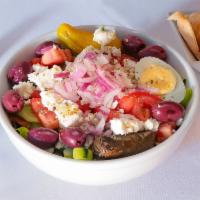 Greek Salad · Romaine lettuce, plum tomato, red onion, red and green peppers, English cucumber, feta, oliv...