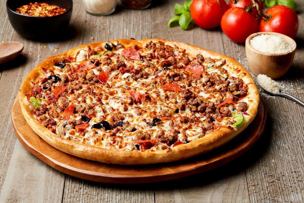The Big 10 Pizza · Italian sausage, pepperoni, beef, Canadian bacon, sausage, onions, green peppers, mushrooms, black olives and bacon.