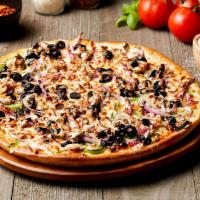 Veggie Pizza · Green peppers, onions, mushrooms, black olives and mozzarella.