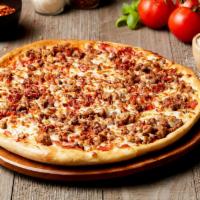 6 Meat Pizza · Italian sausage, pepperoni, beef, Canadian bacon, sausage and bacon.