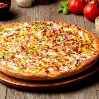 Chicken Bacon Ranch Pizza · Chicken, bacon, green peppers and onions, with mozzarella and cheddar cheese on top of our o...
