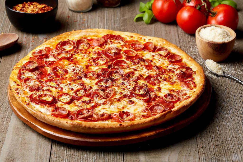 Triple Pepperoni Pizza · Cup-in-char, traditional, and deli sliced pepperonis with extra mozzarella.