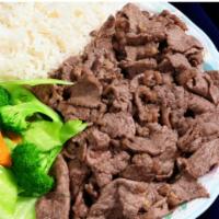 E2. Teriyaki Beef · Thinly sliced beef marinated and stir-fried in our own special sauce. Served with white rice...
