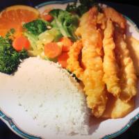 E18. Prawn Tempura Plate · 3 pieces of prawn and assorted vegetables lightly battered and deep-fried. Served with white...